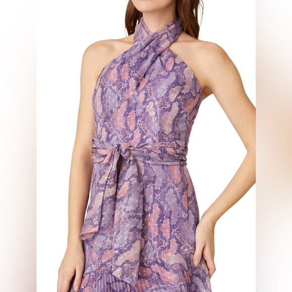 SHOSHANNA Roya Dress 10 Lavender Purple Snake Print Midi Pleated Chiffon Wedding - Picture 10 of 10